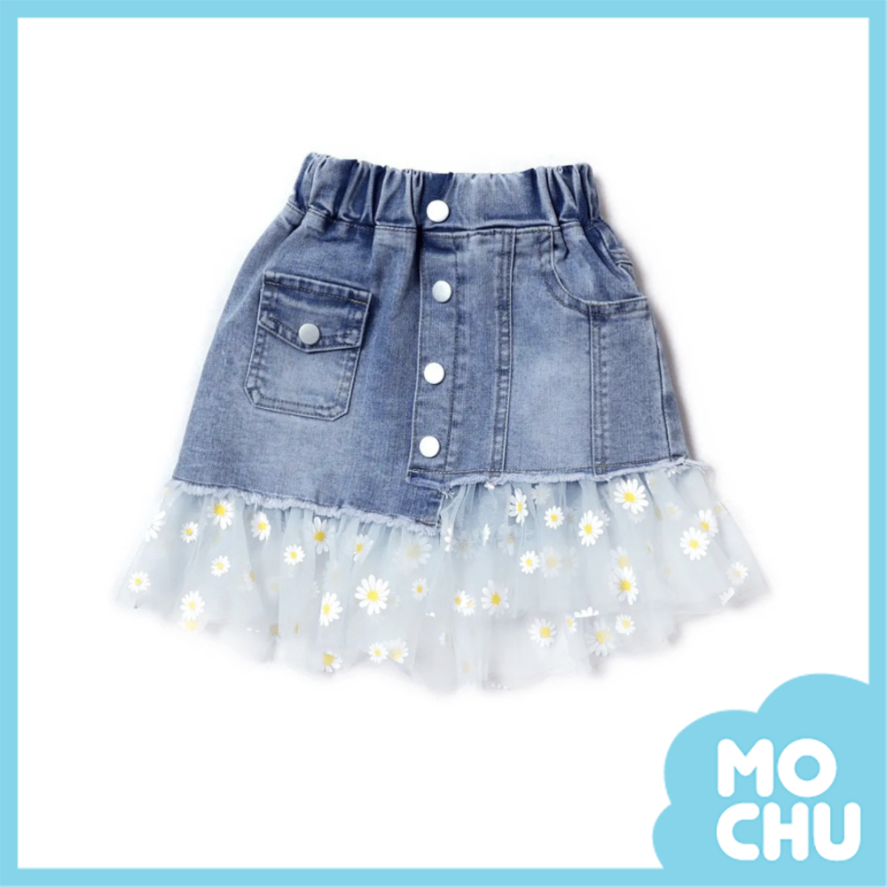 小白花網紗拼接牛仔裙