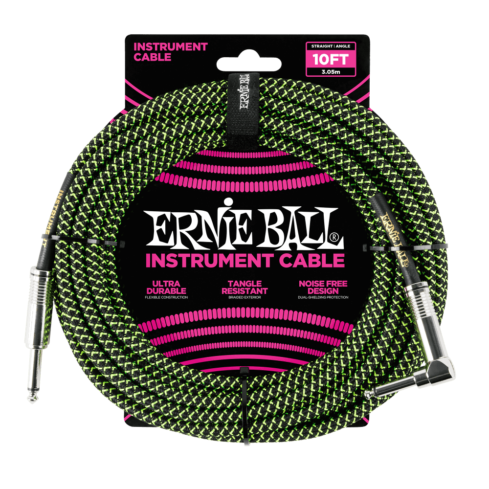 【多款顏色】ERNIE BALL INSTRUMENT CABLES 10Ft(3.05m) 導線 直L頭 ｜P06077 黑綠編織 / P06078 粉色 / P06079 亮橘色 / P06080 螢光綠色