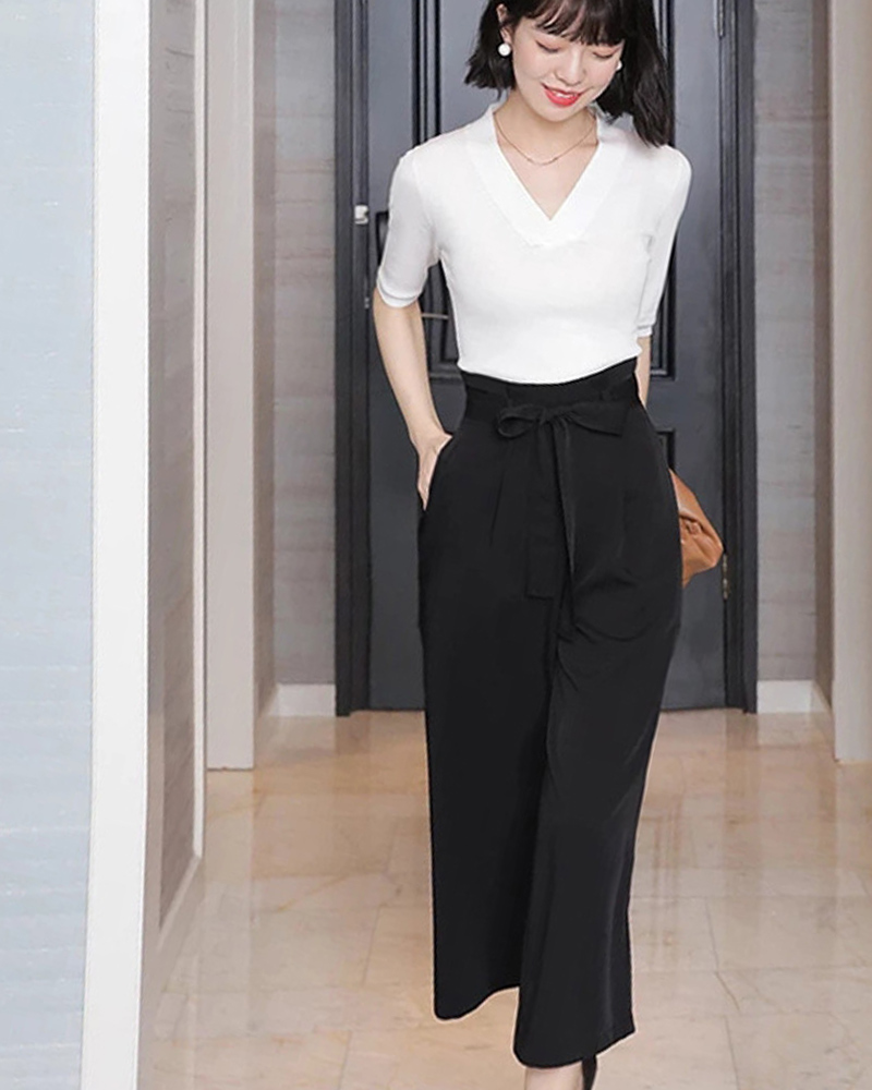 DEER.W 高腰壓褶綁帶八分寬褲 黑色