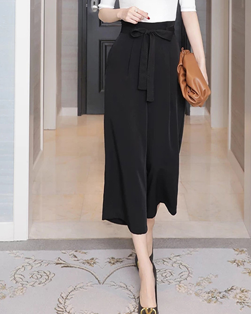 DEER.W 高腰壓褶綁帶八分寬褲 黑色