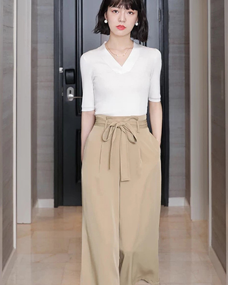 DEER.W 高腰壓褶綁帶八分寬褲 卡其