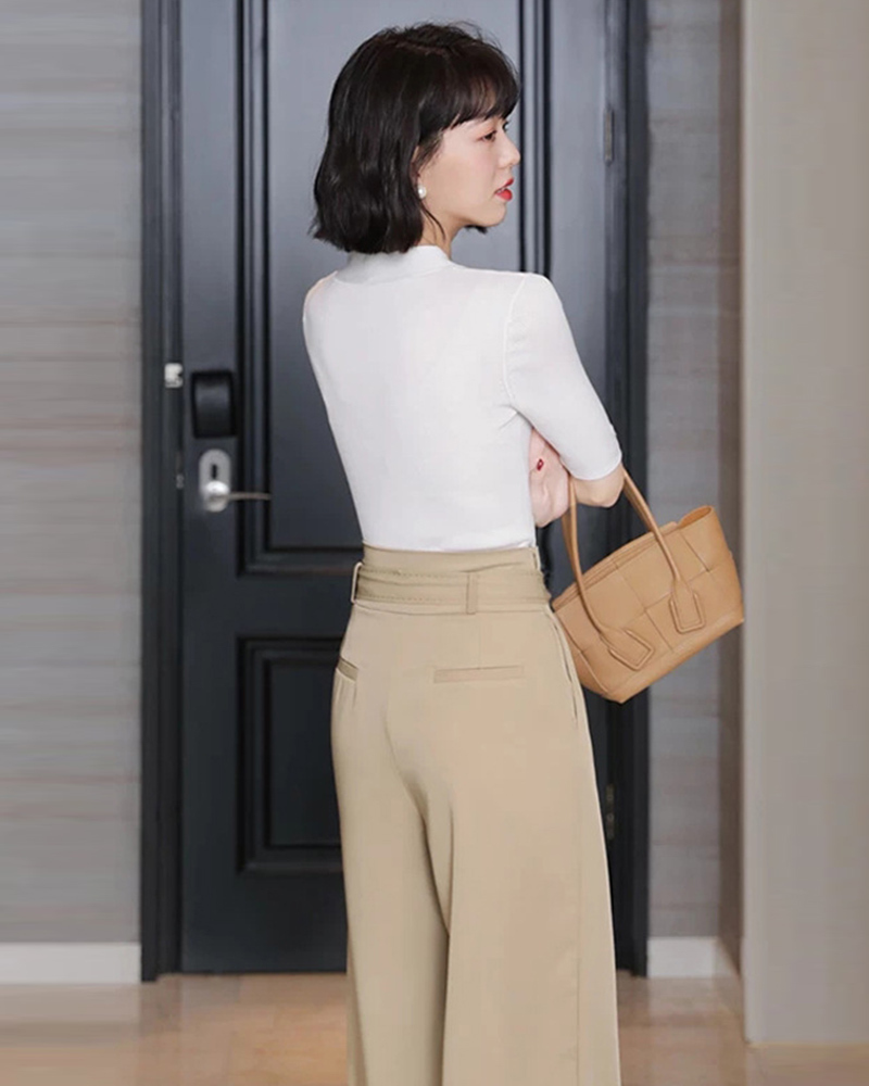 DEER.W 高腰壓褶綁帶八分寬褲 卡其