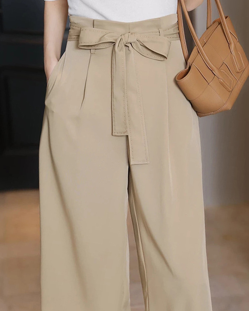 高腰壓褶綁帶八分寬褲 兩色