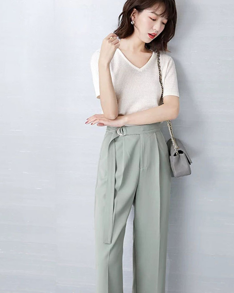 DEER.W 高腰釦環腰帶西裝長褲 水綠
