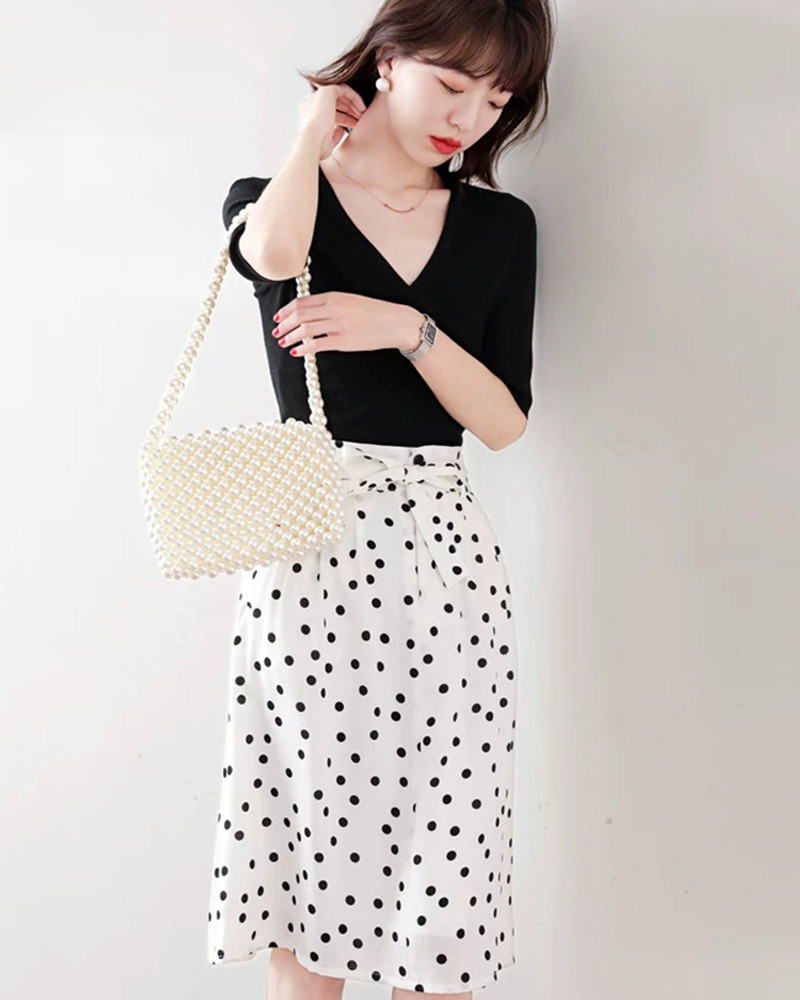 波點綁帶雪紡中長裙 兩色