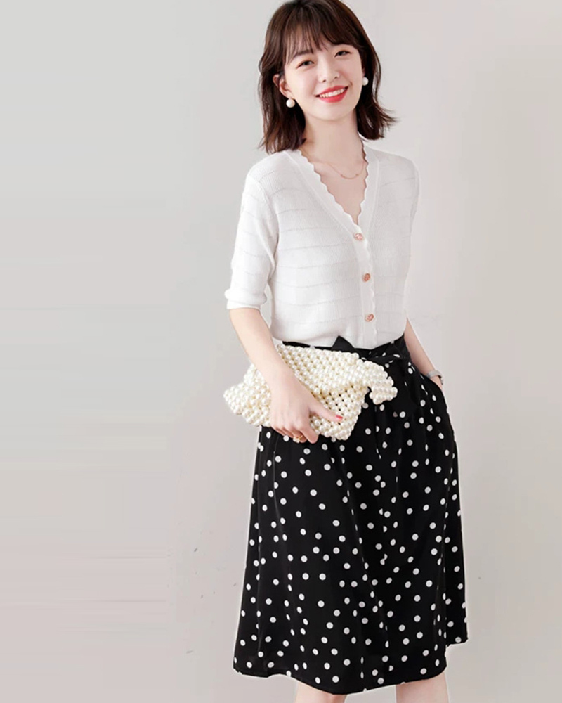 DEER.W 波點綁帶雪紡中長裙 黑色