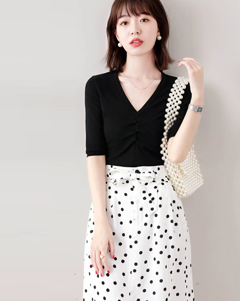 DEER.W 波點綁帶雪紡中長裙 白色