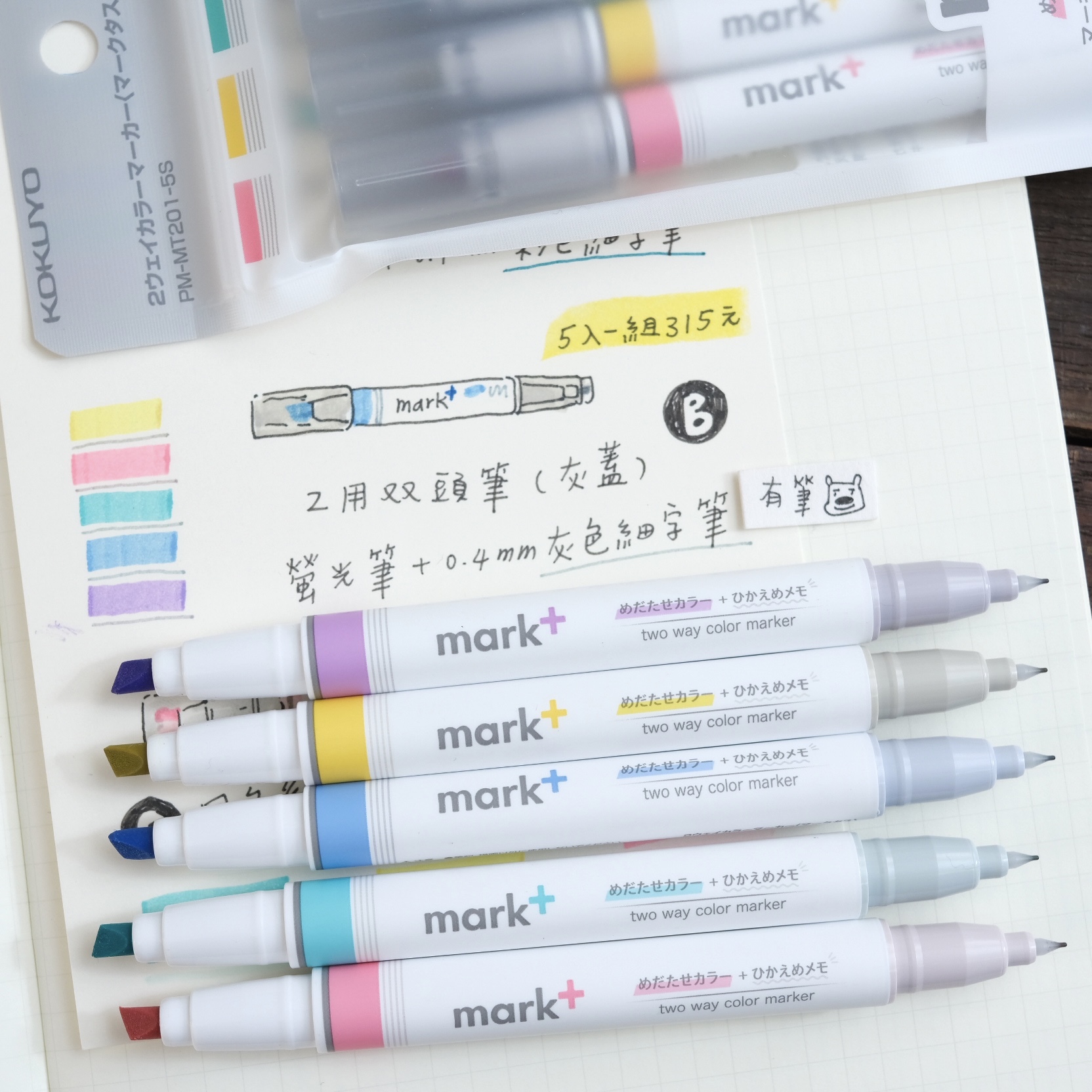 Mark+ 獨角仙螢光筆粗細兩用 灰色系 (單支) - KOKUYO