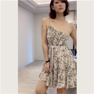 珍珠單肩印花小洋裝 