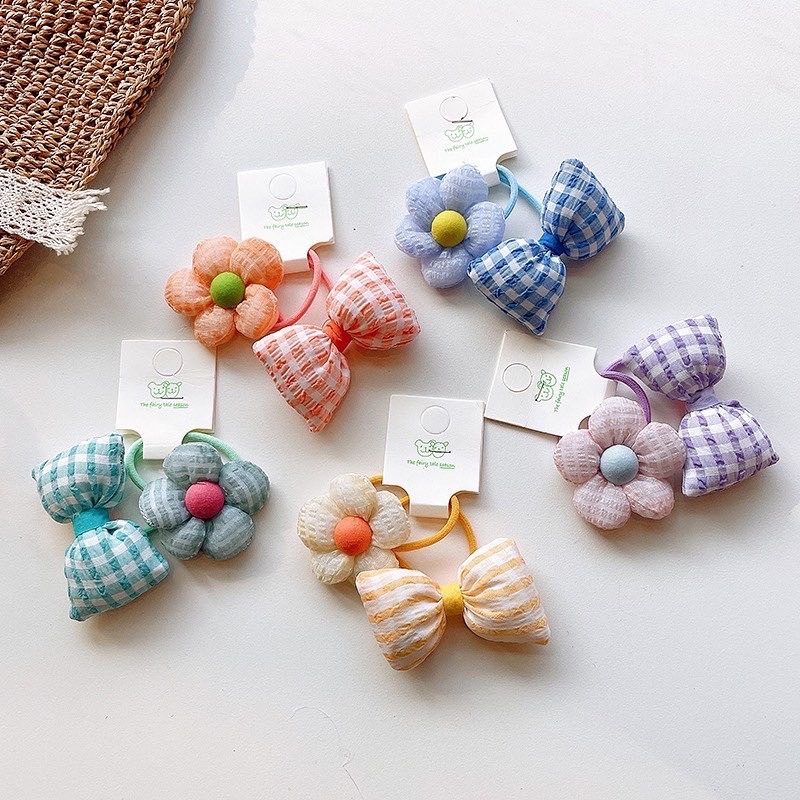 立體格子蝴蝶結花朵髮圈