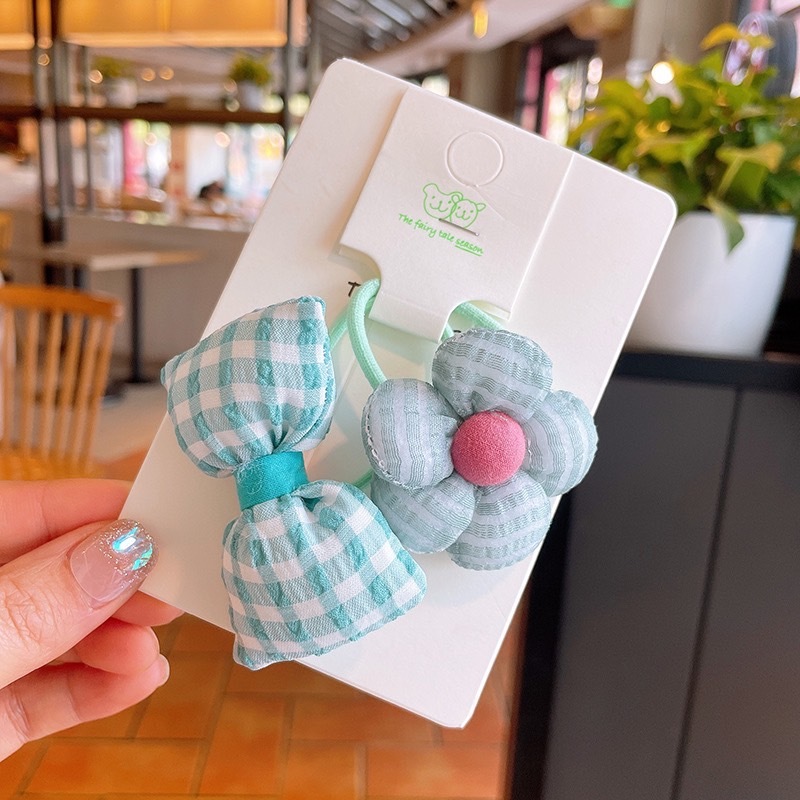 立體格子蝴蝶結花朵髮圈