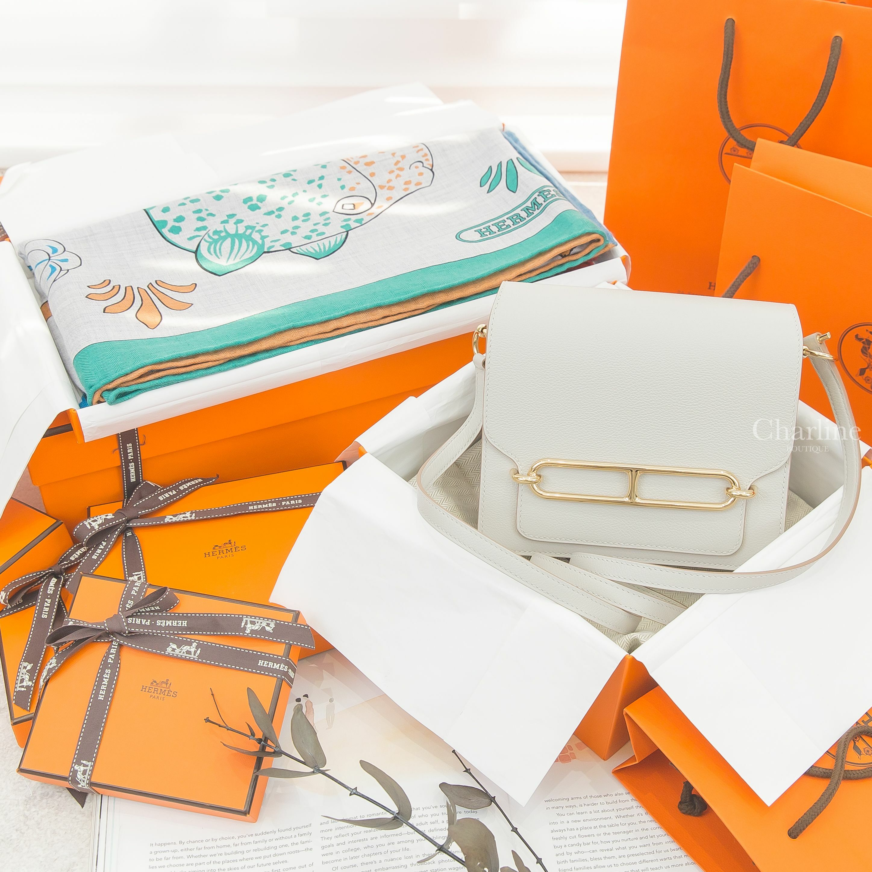 Hermès Les Leopards Shawl 140 灰色/藍色/石榴紅花豹喀什米爾真絲披肩,Hermès Roulis Mini Bag 80 Gris Perle Evercolor 珍珠灰金釦-Charline Boutique 精品代購