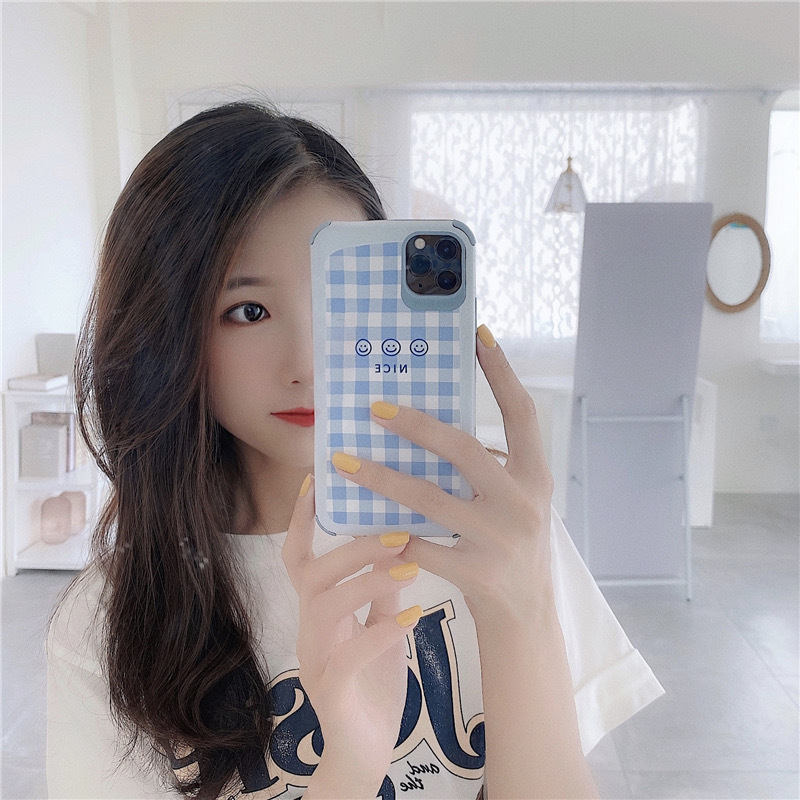 Light Blue Plaid Smiley Face iPhone Case