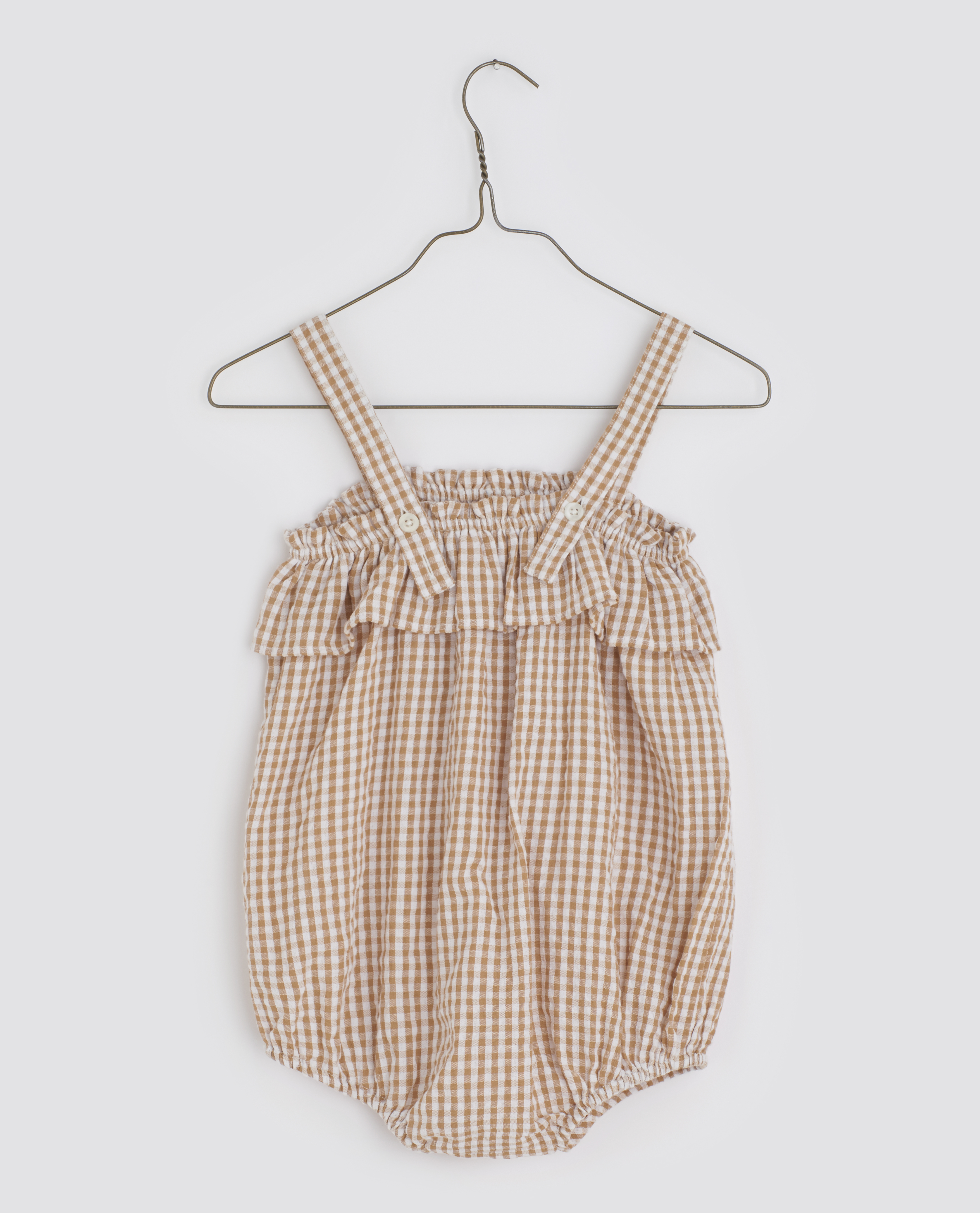 LITTLE COTTON CLOTHES - Odetta Frill Romper（Caramel Seersucker Gingham）