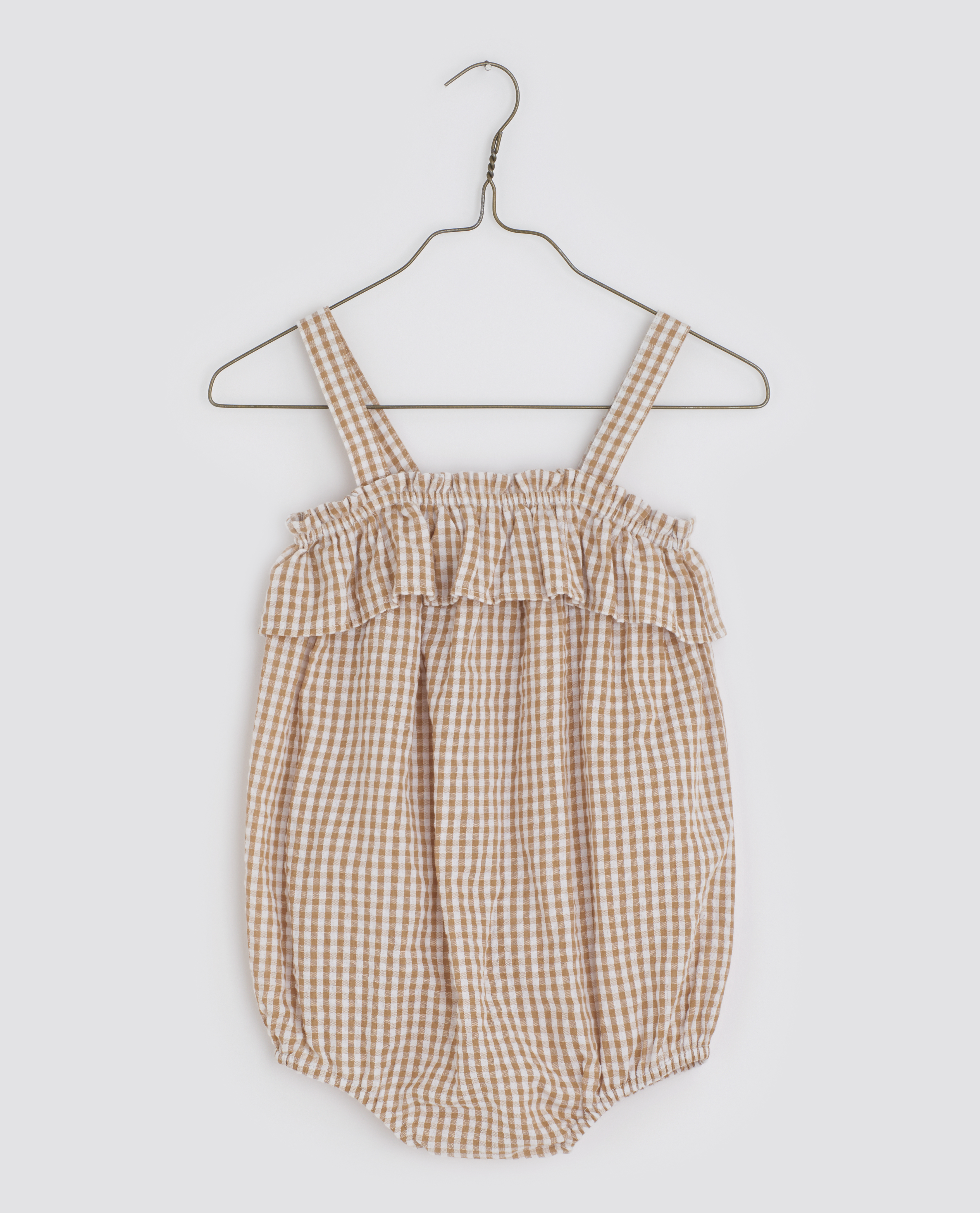 LITTLE COTTON CLOTHES - Odetta Frill Romper（Caramel Seersucker Gingham）
