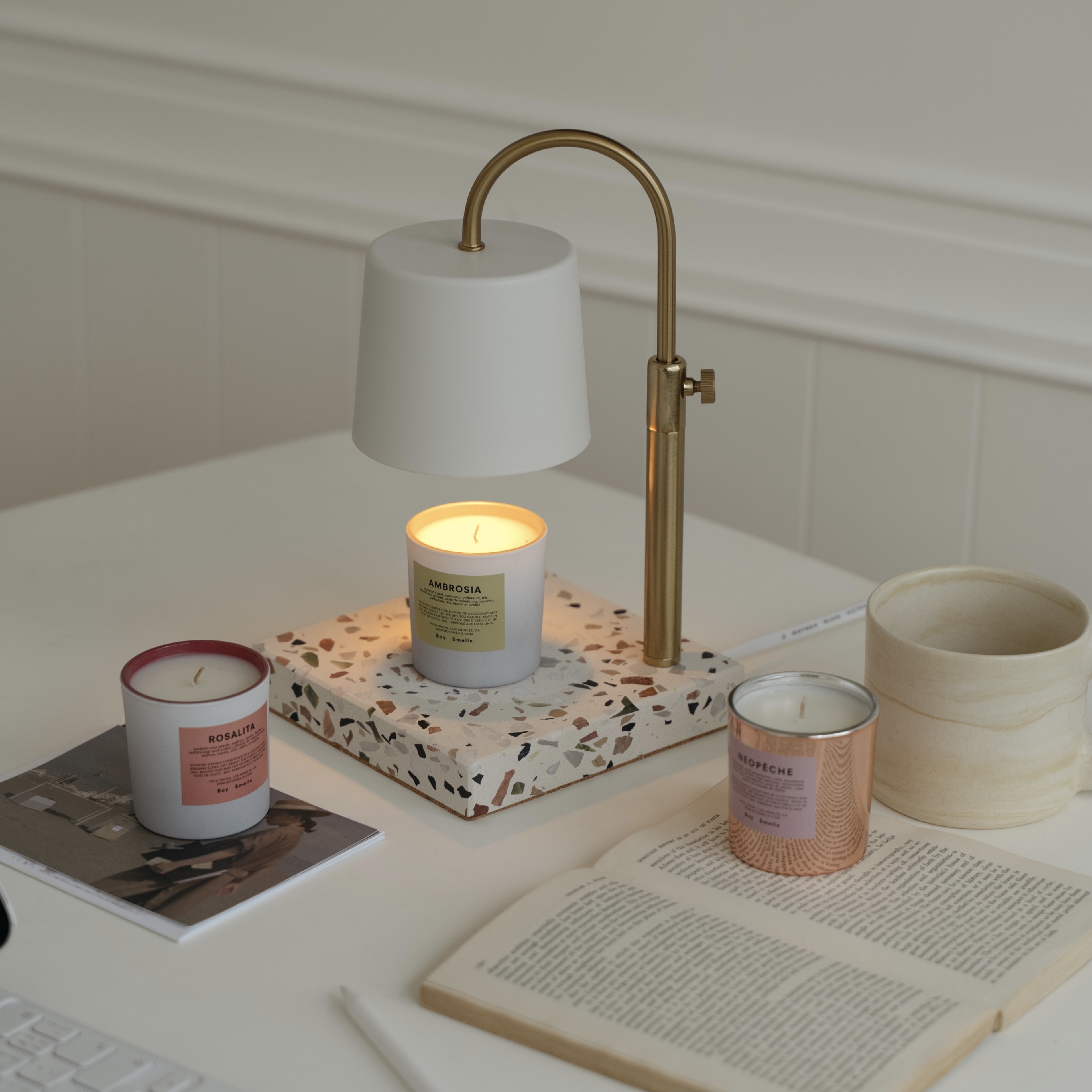 可調升降水磨石款 (白色 / 定時開關) 融蠟燈 香氛蠟燭暖燈 - HOOOME