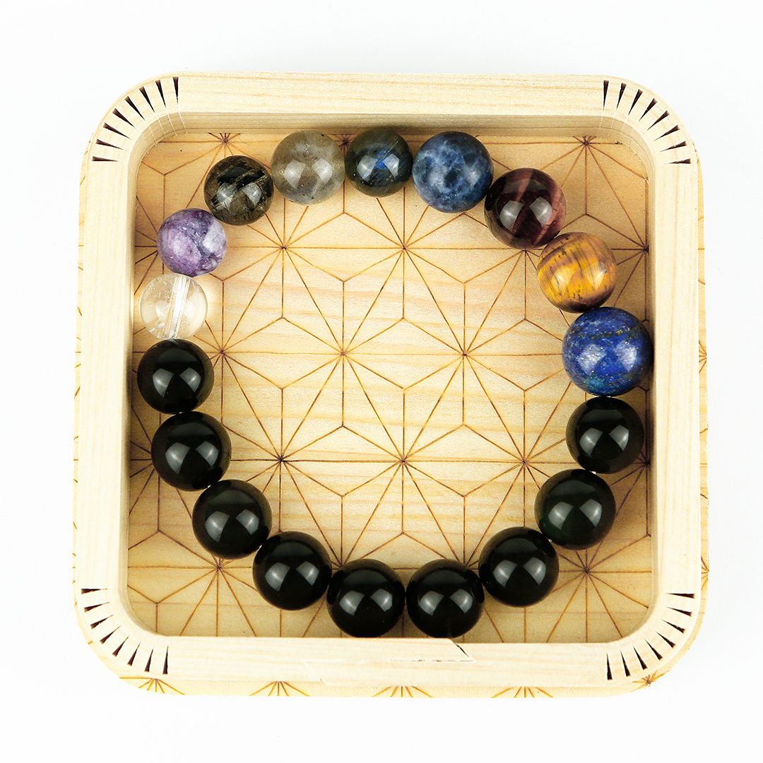 102124七輪調和手串/黑曜石青金石/天然晶石/能量石/原生態/療癒