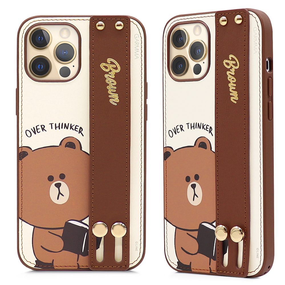 GARMMA LINE FRIENDS iPhone 12系列 手掌帶燙金皮革保護套 聰明熊大