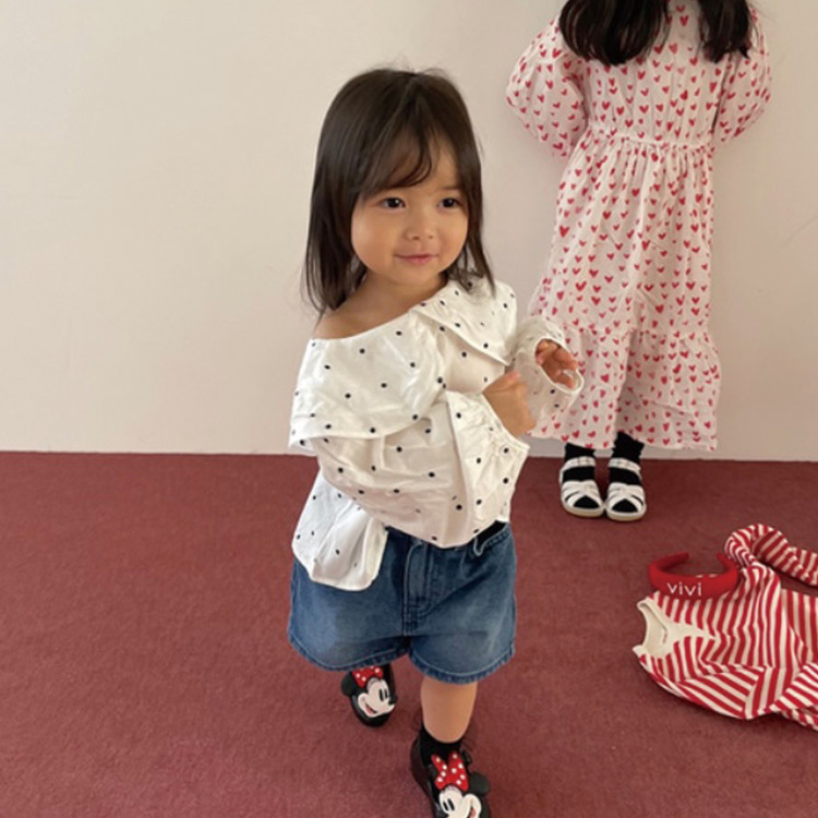 韓國 VL 孩子的點點大翻領蓬蓬袖上衣