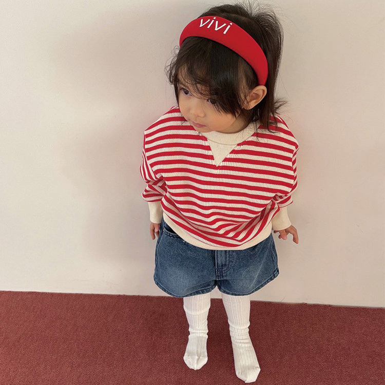 韓國 VL 孩子的領口V字條紋T 紅白