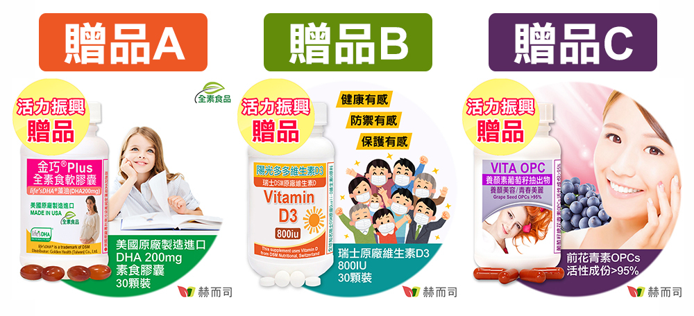赫而司活力振興全館滿額贈好禮(總市價$3200)：【靈活有感】金巧藻油DHA plus(30顆*1罐)、【防禦有感】陽光多多維生素D (30錠*1罐) 、【美麗有感】養顏素葡萄籽OPC(60顆*1罐)