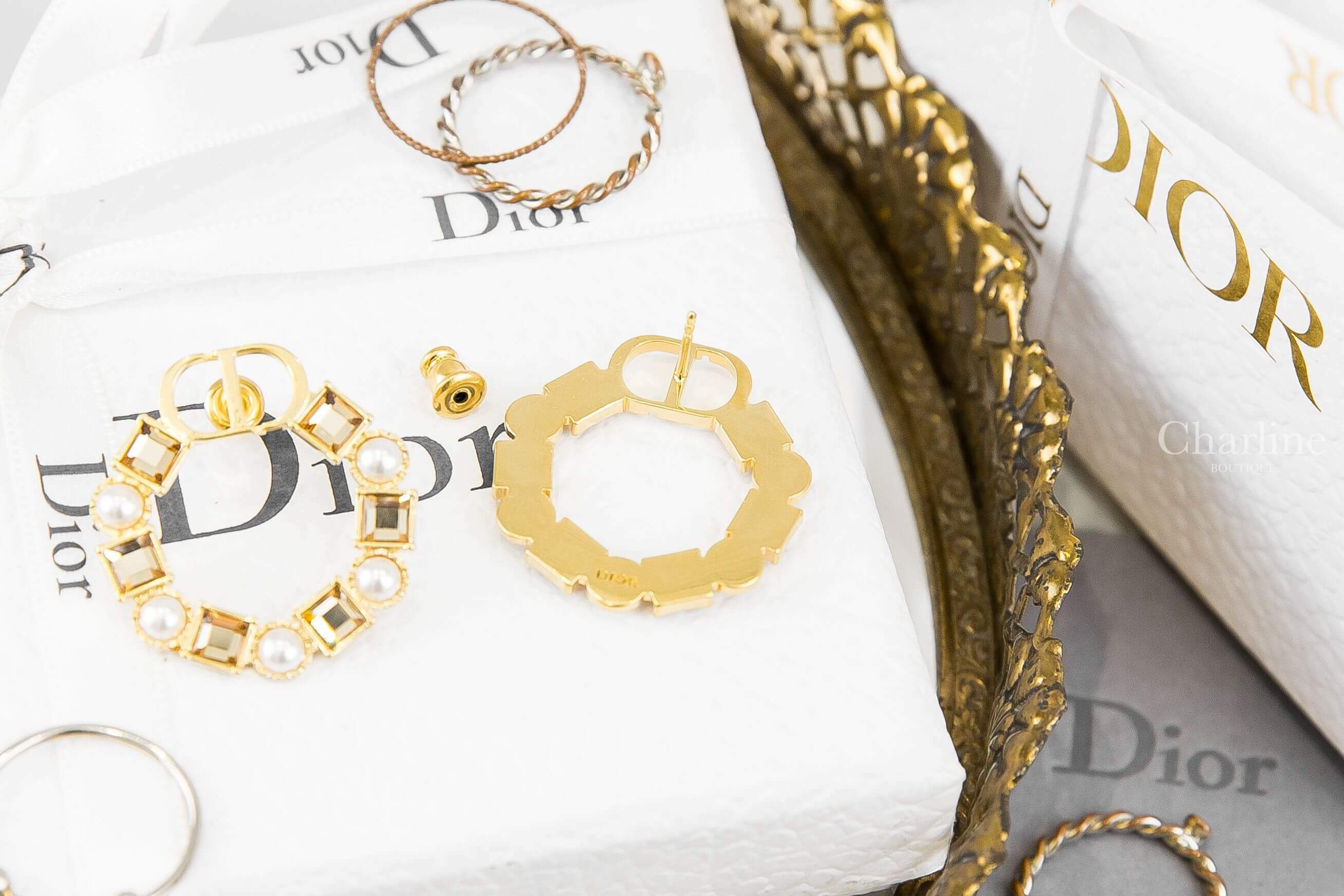 Dior Petit CD Earrings 金色CD白色珍珠香檳金水晶圓形耳環-Charline Boutique 精品代購