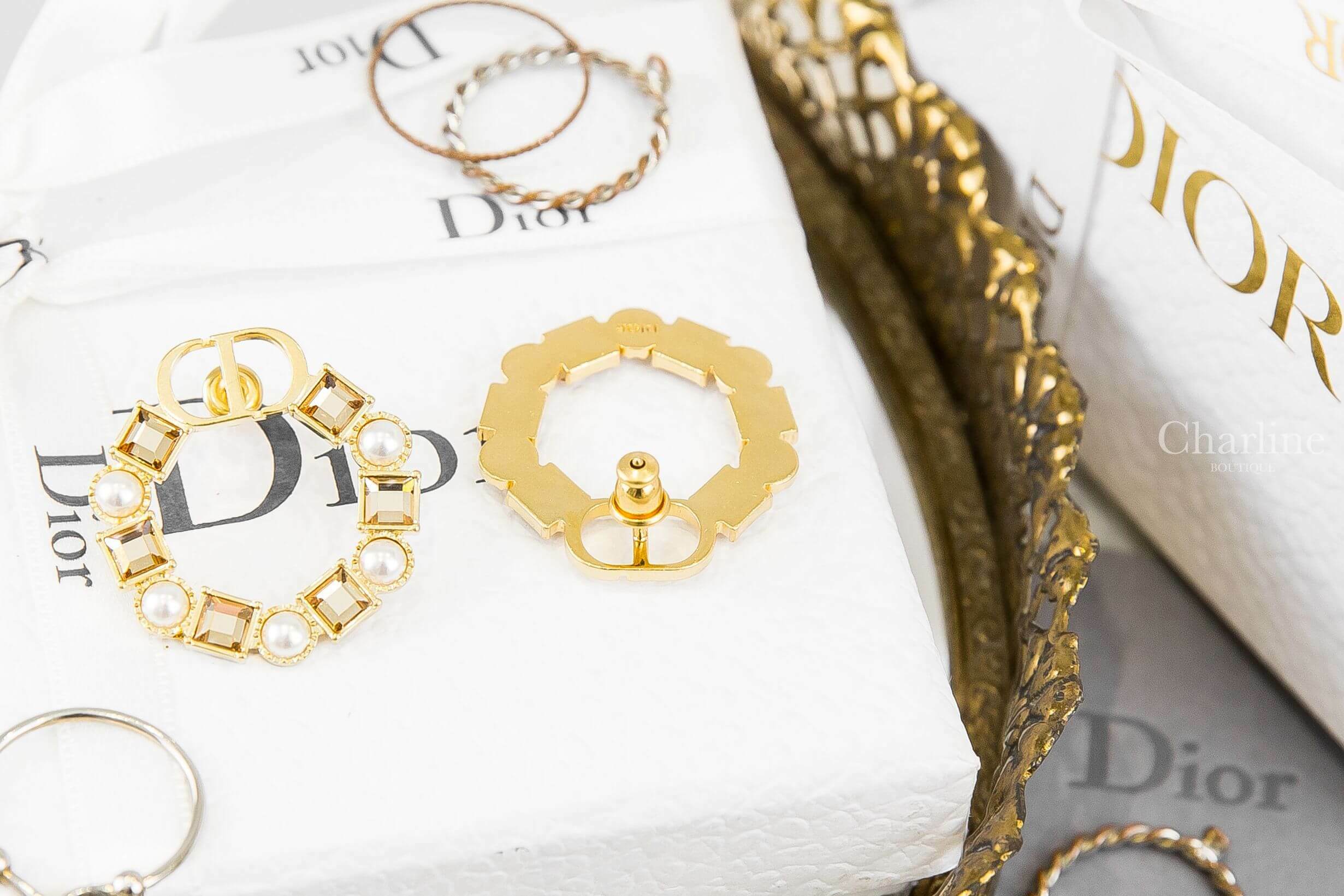 Dior Petit CD Earrings 金色CD白色珍珠香檳金水晶圓形耳環-Charline Boutique 精品代購