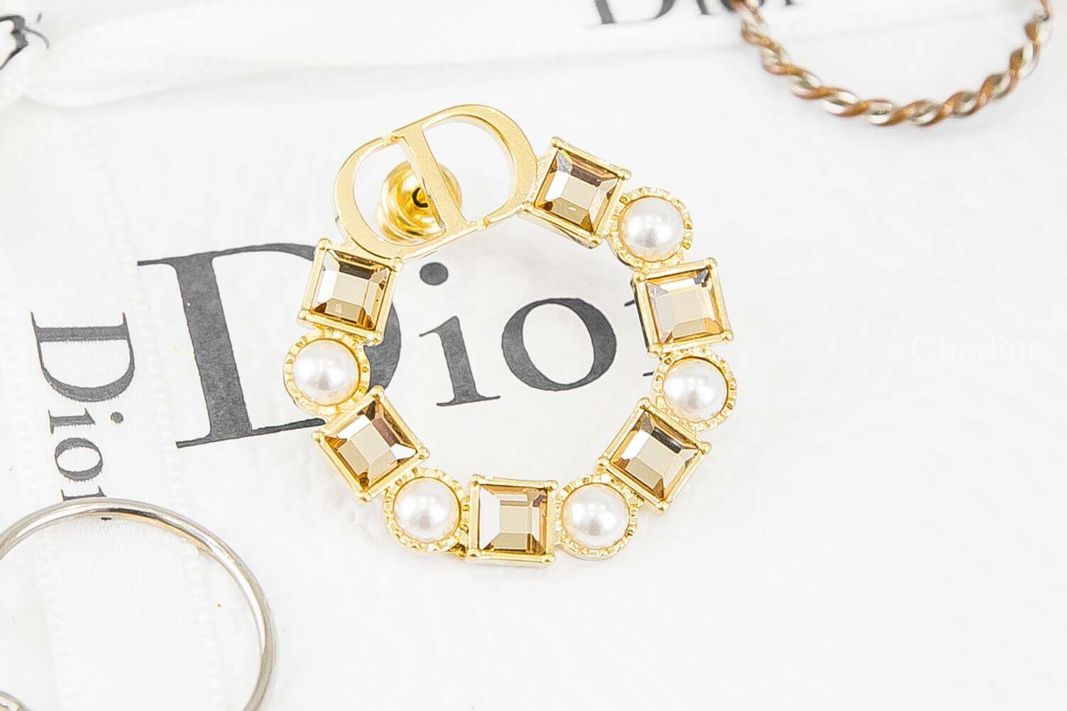 Dior Petit CD Earrings 金色CD白色珍珠香檳金水晶圓形耳環