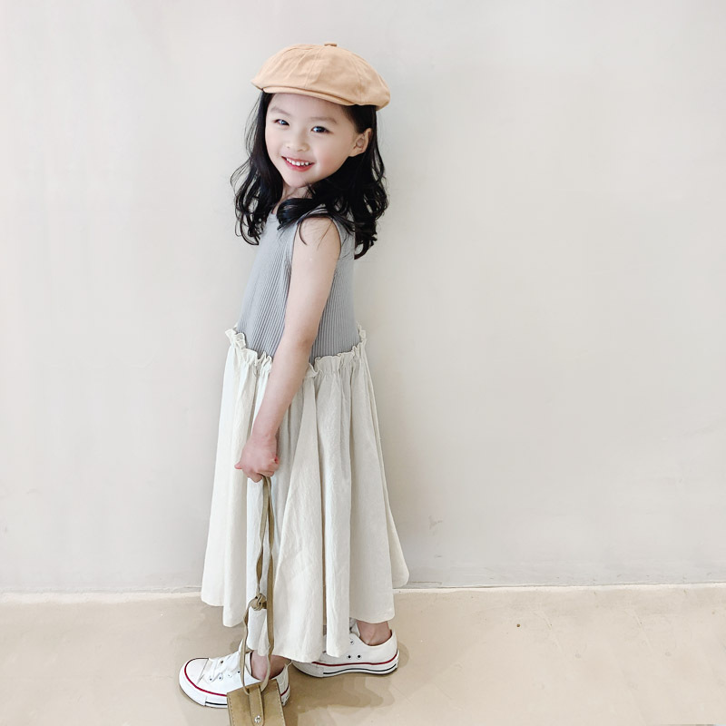 親子款 坑條背心拼接棉麻連衣裙  白色