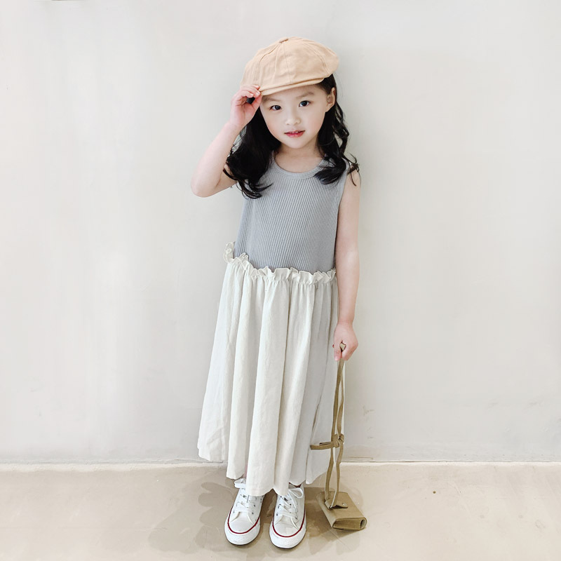 親子款 坑條背心拼接棉麻連衣裙  白色