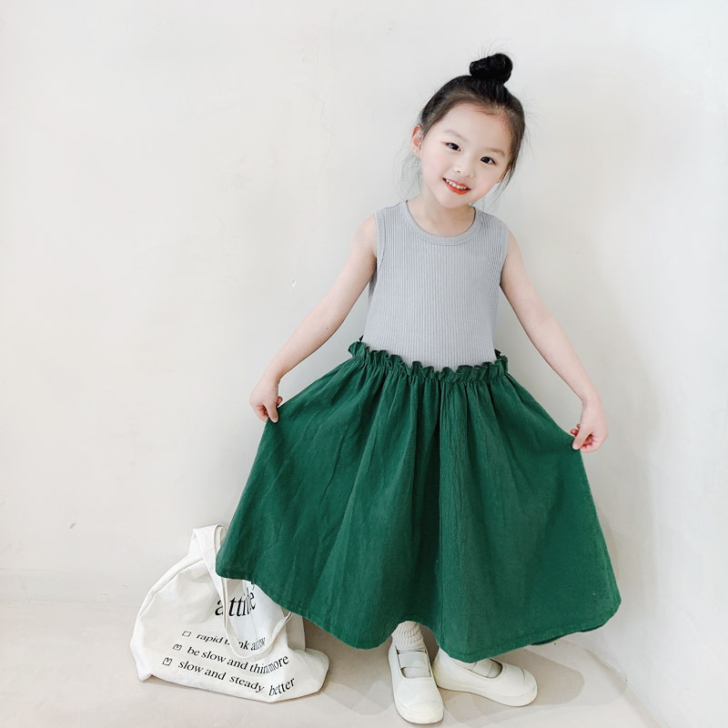 親子款 坑條背心拼接棉麻連衣裙  綠色