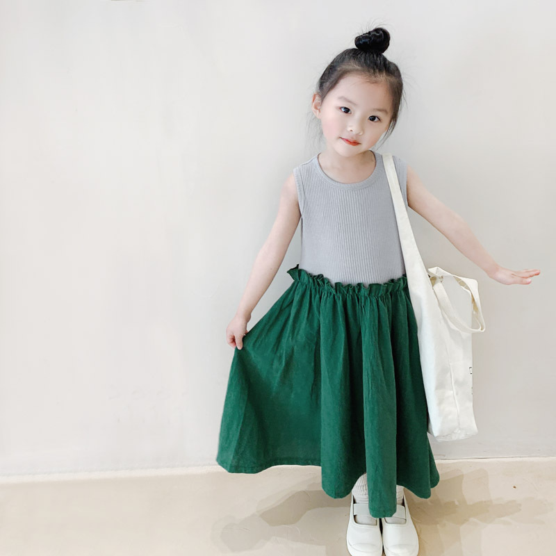 親子款 坑條背心拼接棉麻連衣裙  綠色