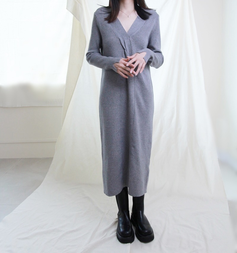 MW38 優雅扭結針織洋裝 灰色