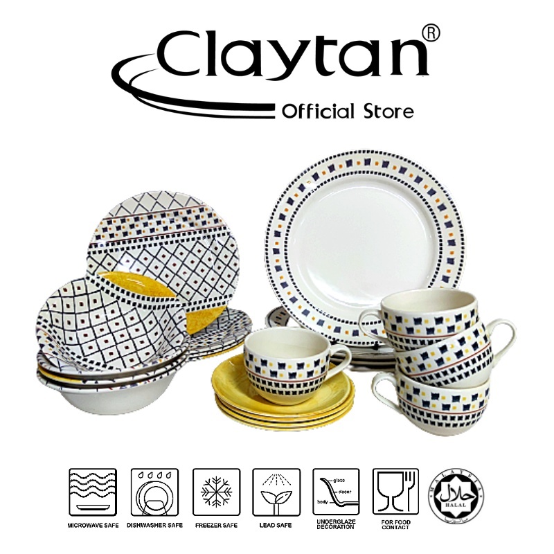 CLAYTAN 20 PCS DINNER SET 4 Pax Lead Safe Ceramic Tableware Pinggan Mangkuk Cup Teapot CALIKA YELLOW