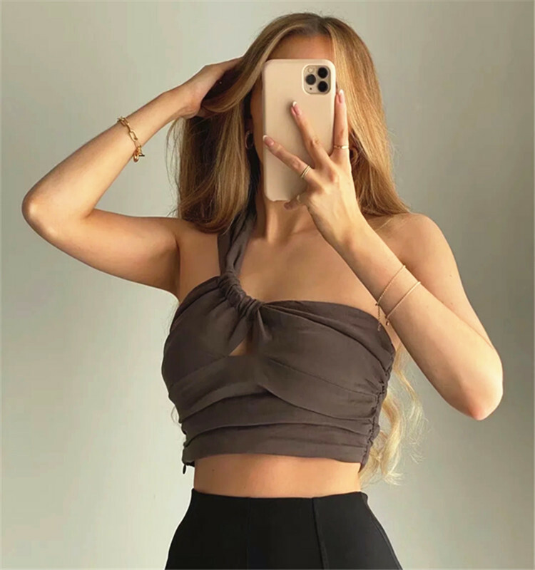 斜肩不對稱短版上衣(芥末黃/咖)