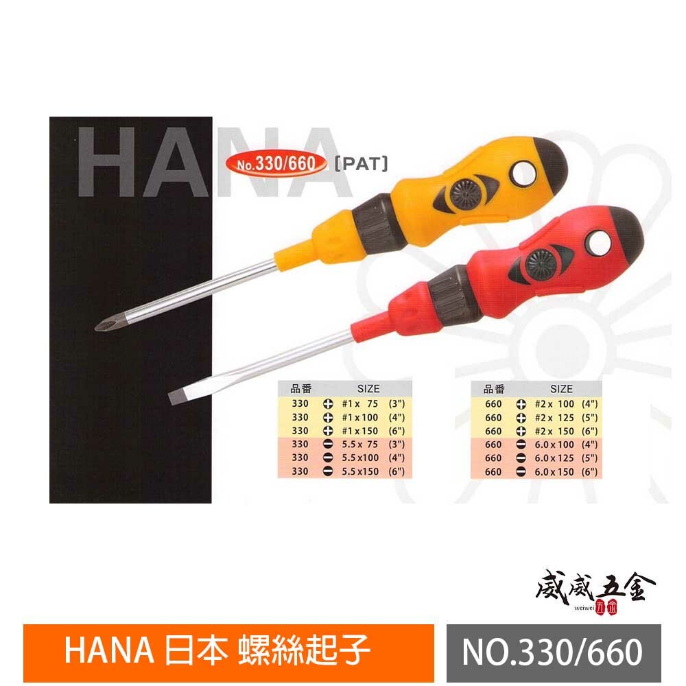 日本製 HANA｜專利型膠柄螺絲起子 一字起子 十字 100 125 150mm｜NO.550｜NO.660