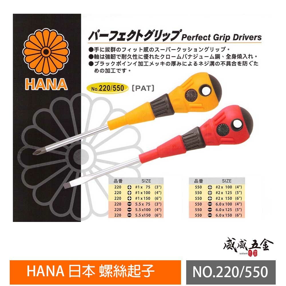 日本製 HANA｜專利型膠柄螺絲起子 一字起子 十字 100 125 150mm｜NO.550｜NO.660