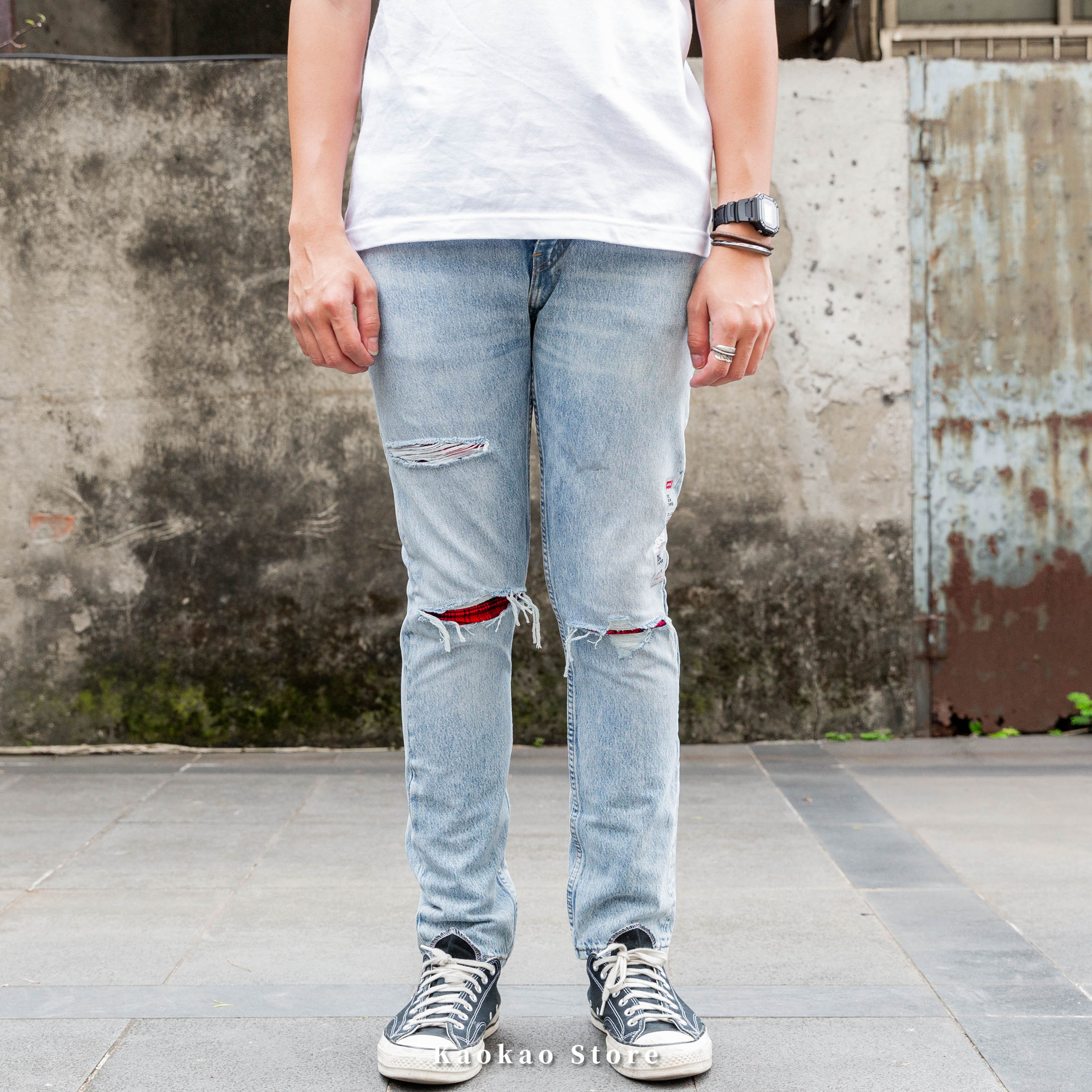 Levis 512 「0420紅格貼布淺藍破壞」 上寬下窄 牛仔長褲
