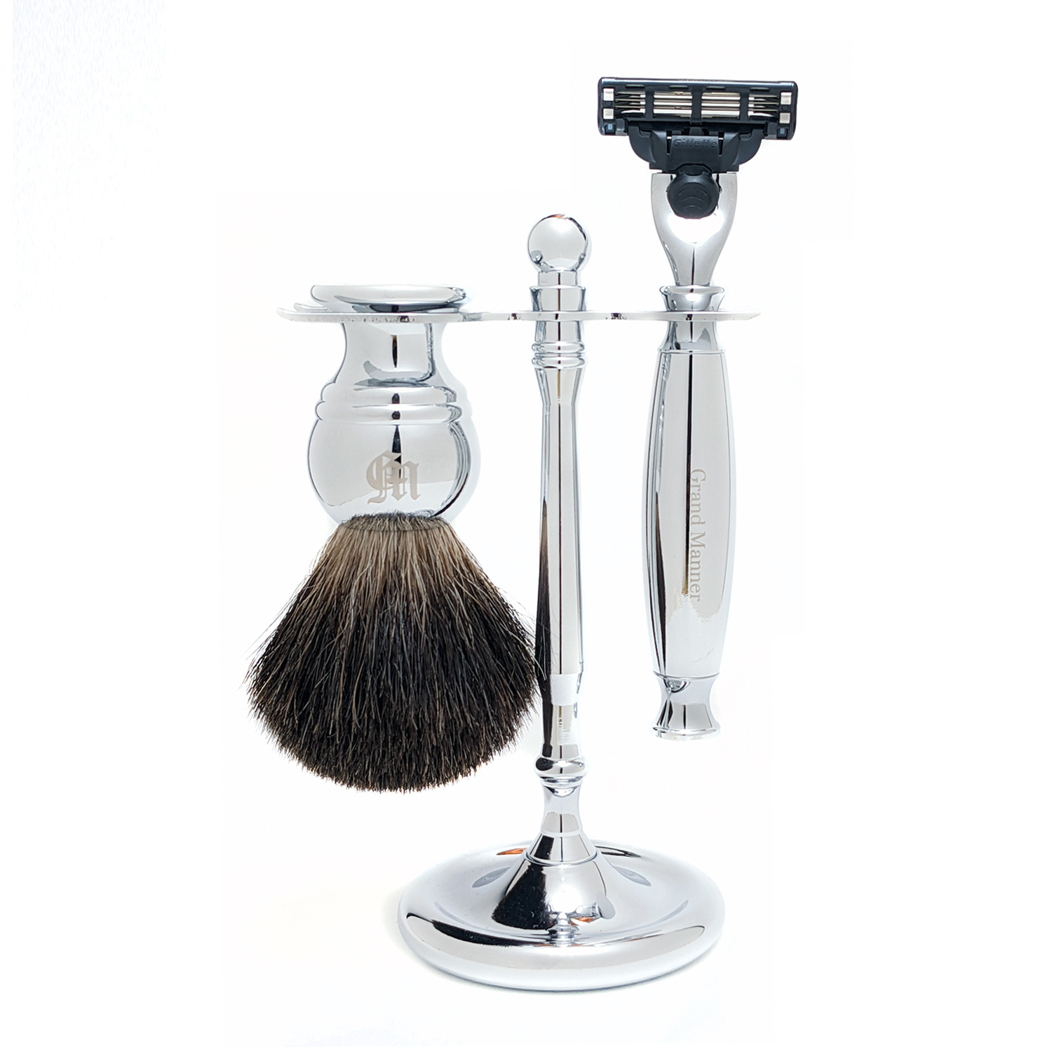 英國 Grand Manner 尊爵銀 手動安全刮鬍刀組（Mach3 / 鋒速3刀片 / 禮盒）