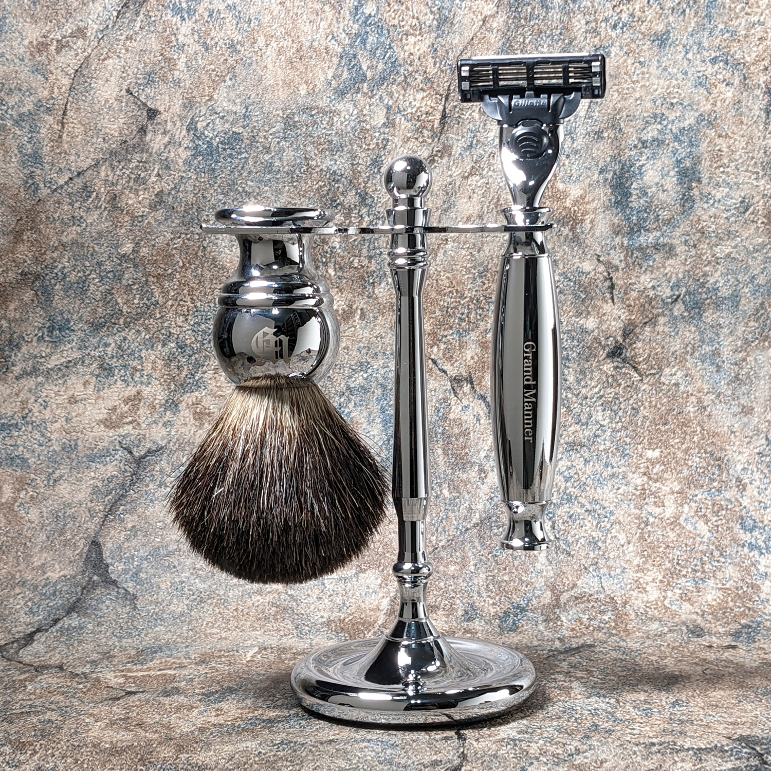 英國 Grand Manner 尊爵銀 手動安全刮鬍刀組（Mach3 / 鋒速3刀片 / 禮盒）