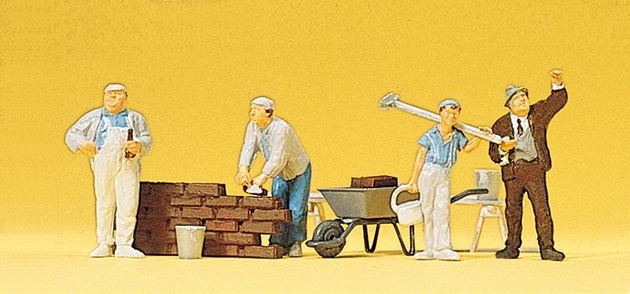 Preiser 10251 HO Bricklayer with wheelbarrow, piece of wall and tools