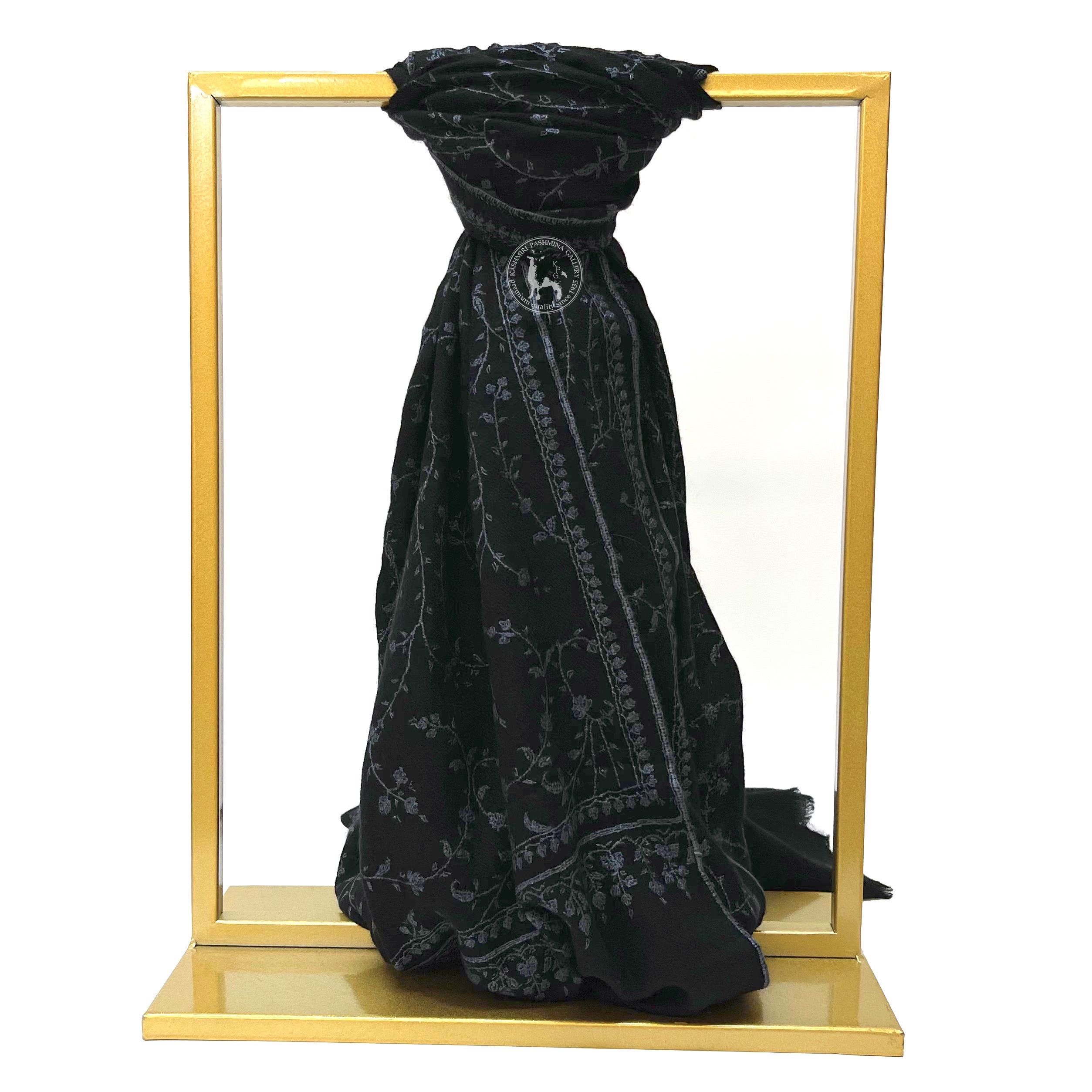 黑色針線活刺繡喀什米爾羊絨Shahmina披肩