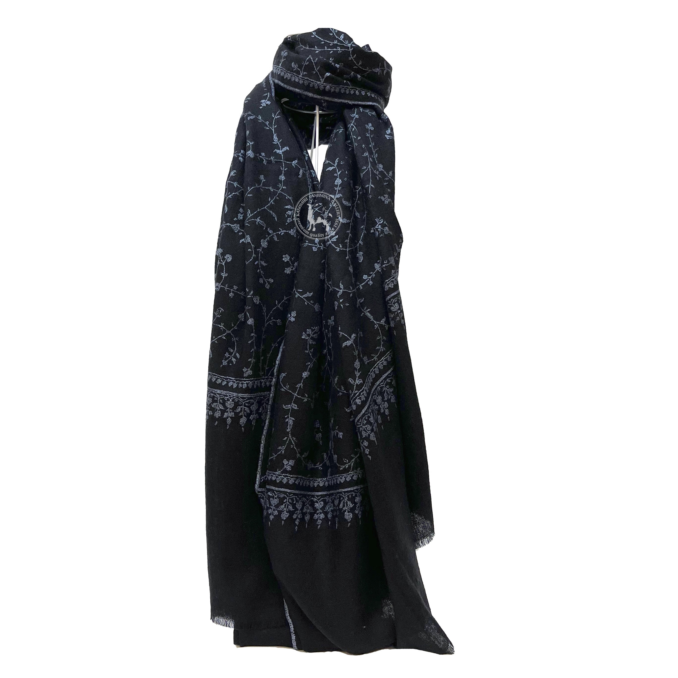黑色針線活刺繡喀什米爾羊絨Shahmina披肩