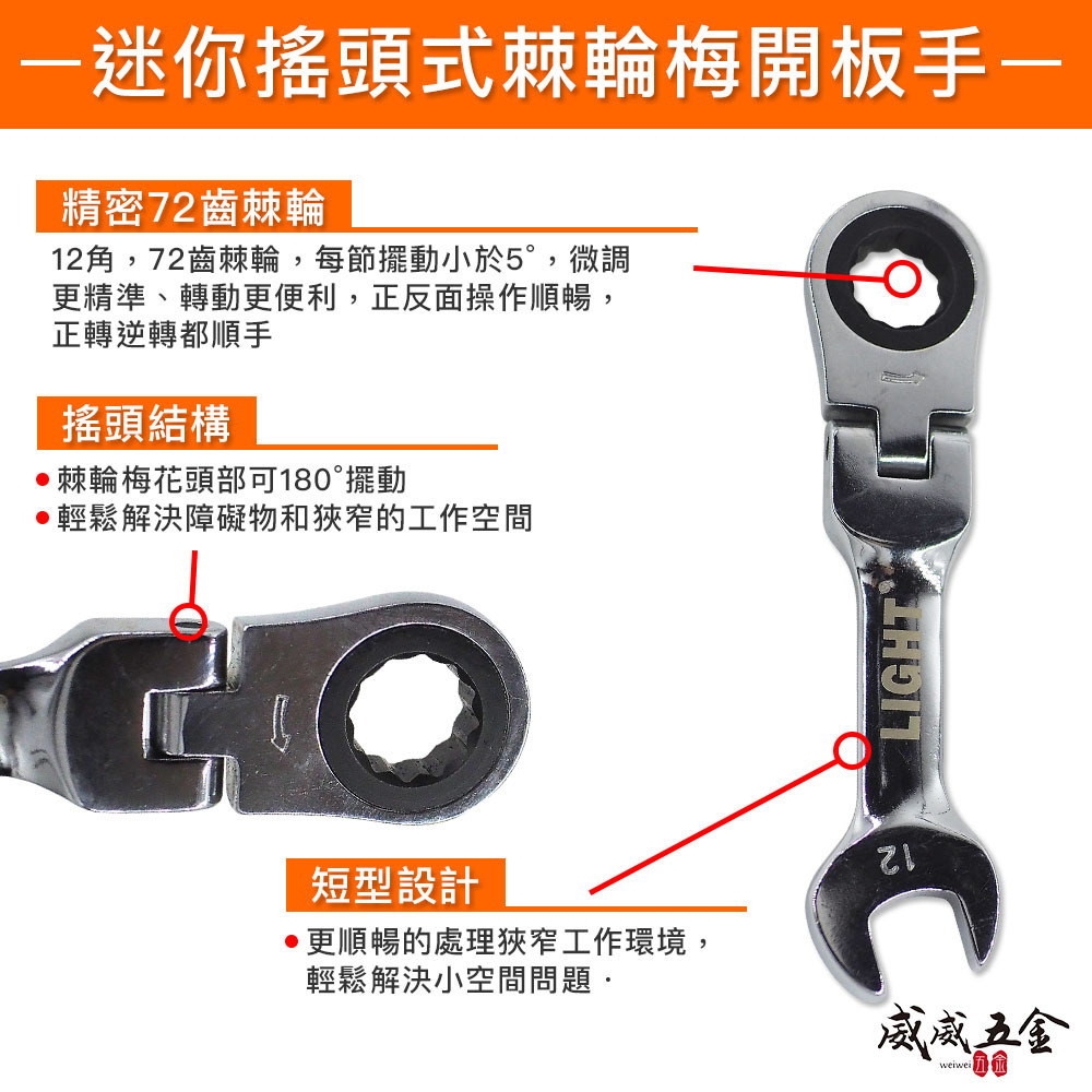 LIGHT YTL 福神 亞博 巨匠 久美力 台灣製｜迷你擺頭型 5.5-21mm 單向搖頭式 迷你高扭力梅開板手 短版72齒棘輪梅花開口板手