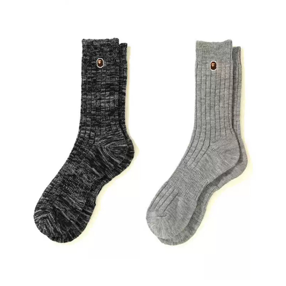 BAPE A Bathing Ape MELANGE ANKLE SOCKS 黑色 灰色 刺繡小LOGO 麻花針織 中筒襪 長襪【1E70183009】