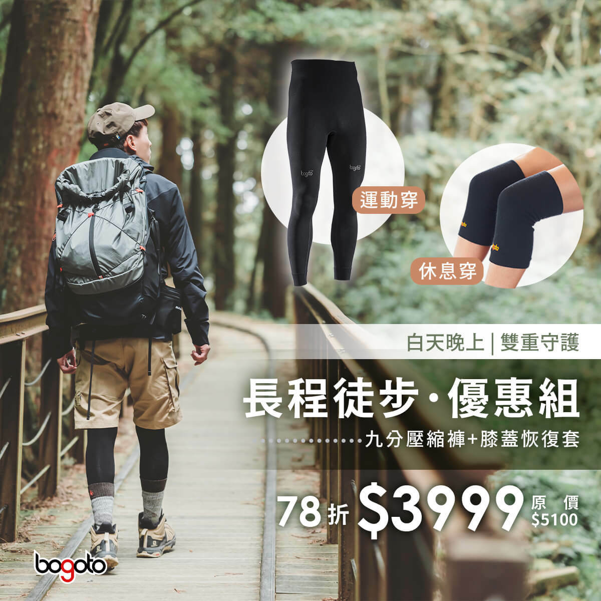 長程徒步優惠組：九分壓縮褲+膝蓋恢復套78折 $3999