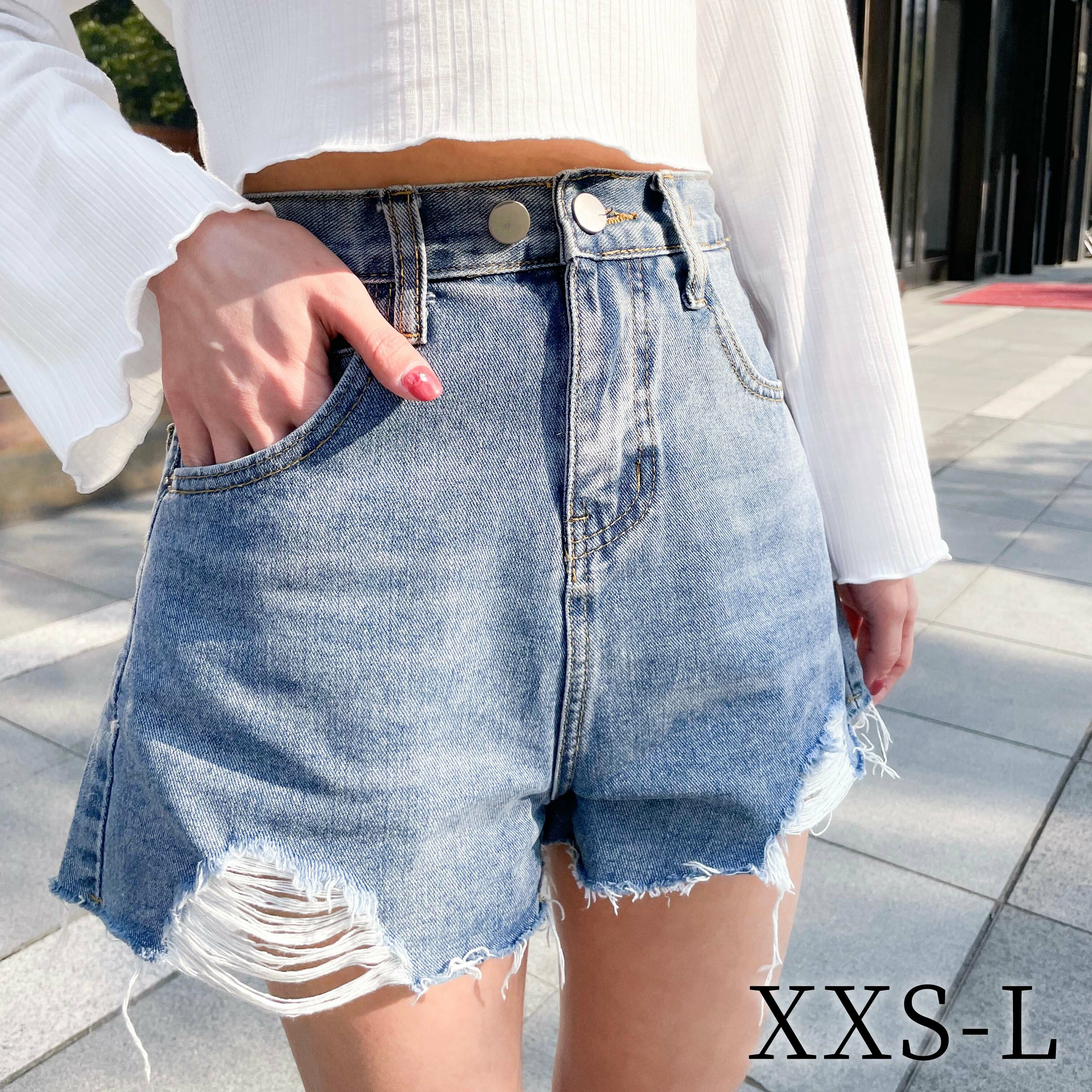 破洞雙釦A字牛仔短褲(XXS-L)