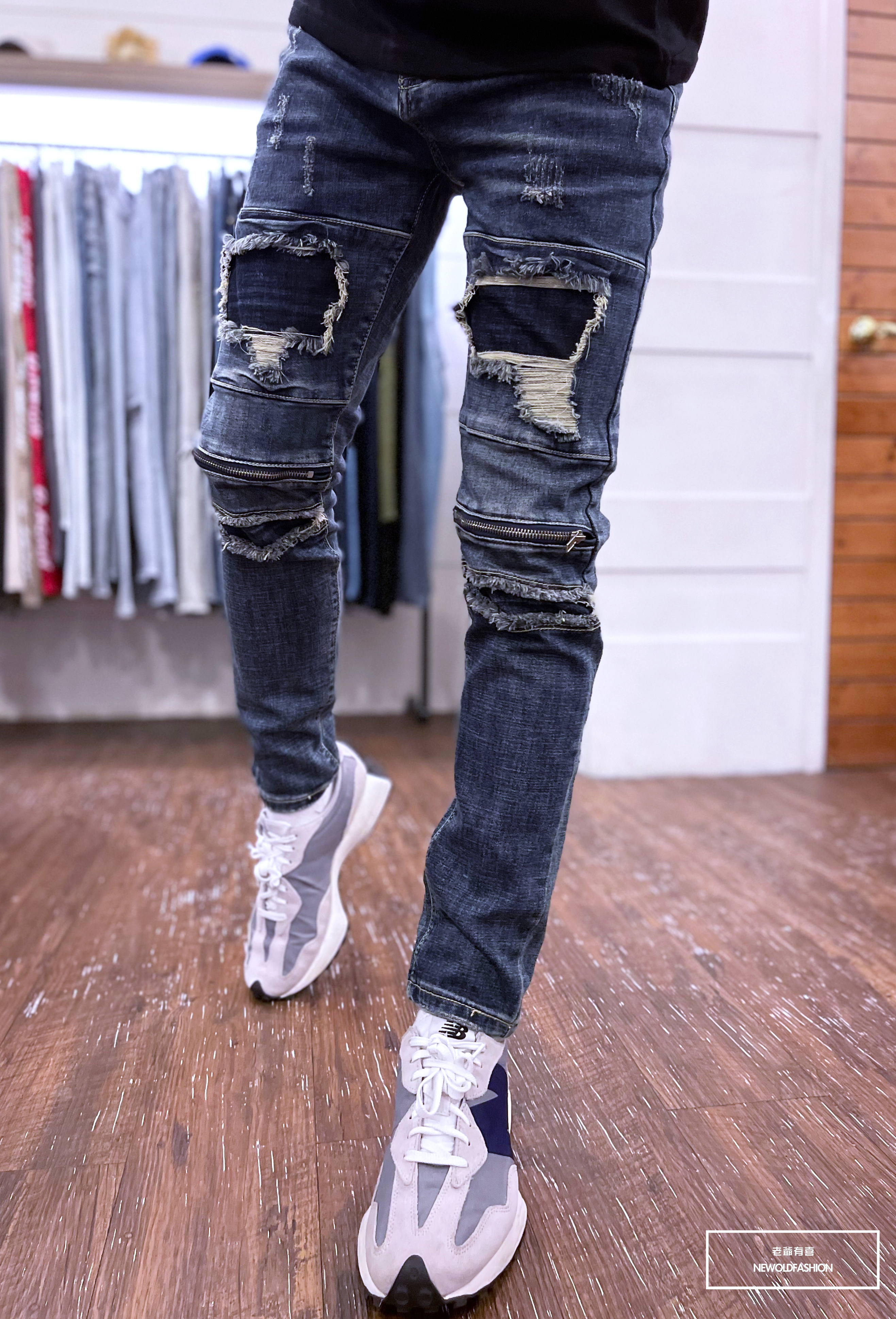 『新品上市』重磅深藍補丁膝拉鍊小直筒(NOF22033330)