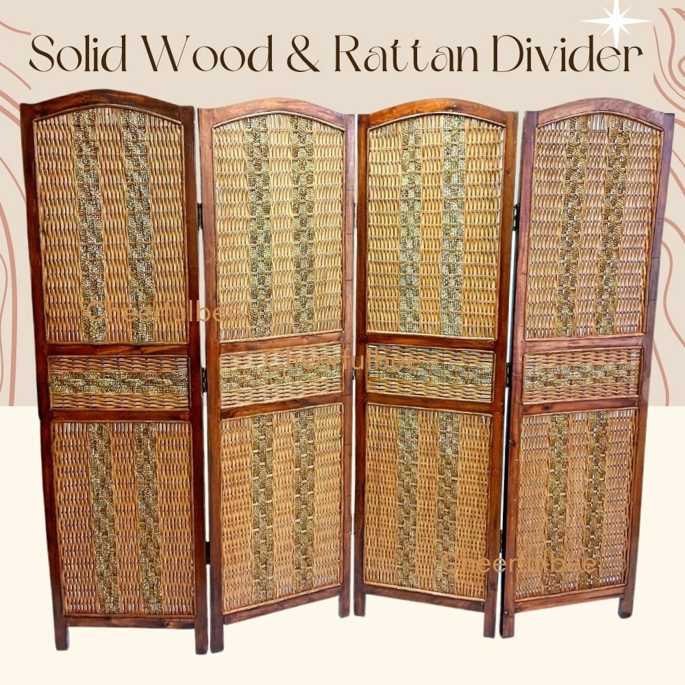 NOÉMIE 4 Panel Rattan with Solid Wood Room Divider