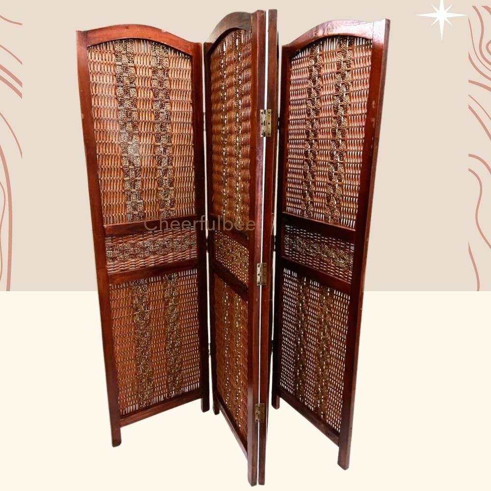 NOÉMIE 4 Panel Rattan with Solid Wood Room Divider